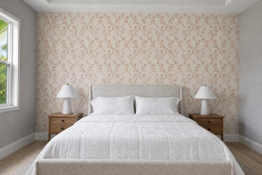 The same bedroom after installing a blush terracotta trellis wallpaper