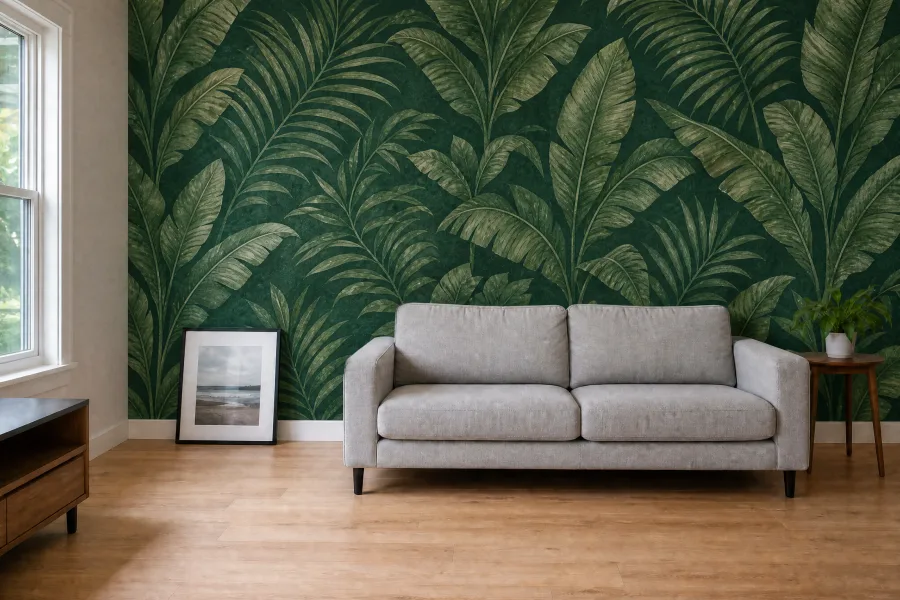 The same living room after installing an emerald banana-leaf botanical wallpaper