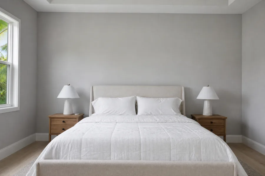 Bedroom with a plain pale-grey painted wall before wallpaper