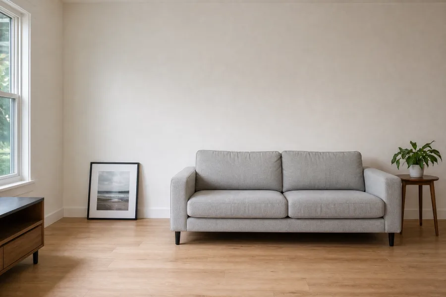 Living room with a plain warm-white painted wall before wallpaper
