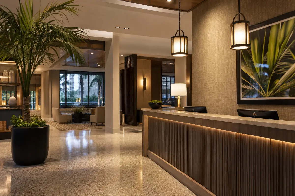 Woven vinyl wallcovering installed in a hotel lobby