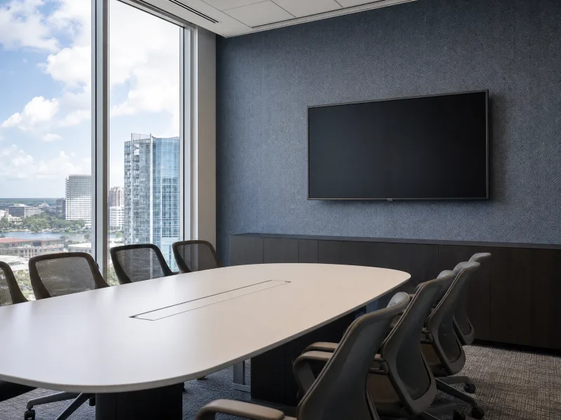Slate herringbone wallcovering in a corporate conference room