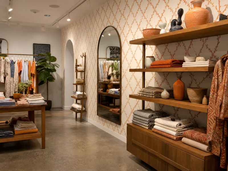 Cream and terracotta trellis wallpaper in a Winter Park boutique