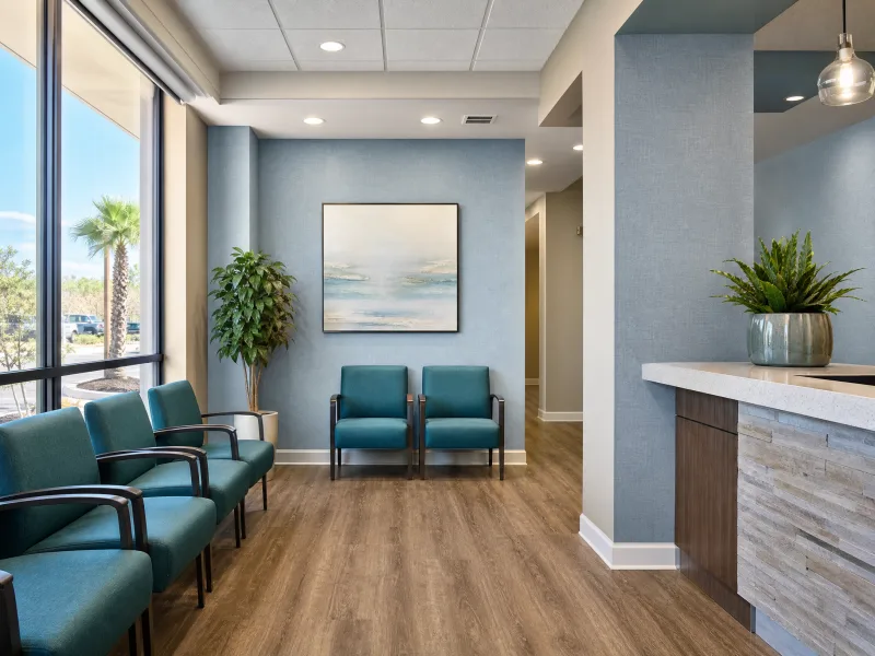 Soft blue linen-textured wallcovering in a medical waiting room