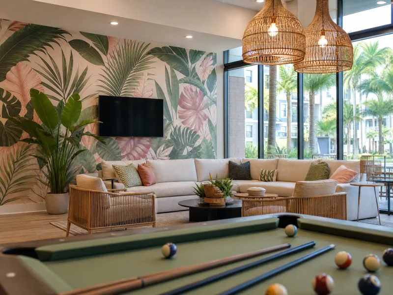 Tropical mural in an apartment amenity lounge