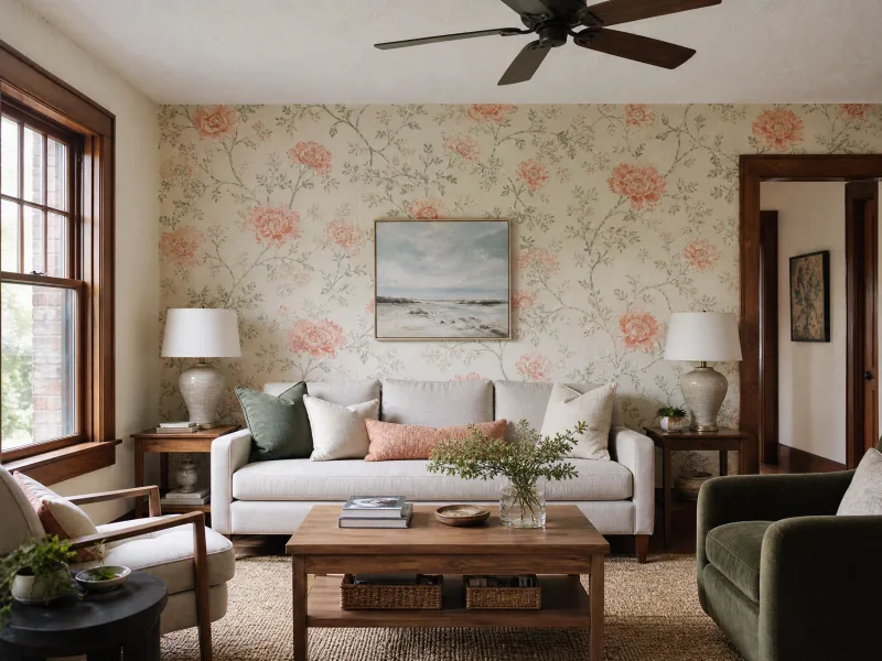 Coral peony floral accent wall in a College Park living room