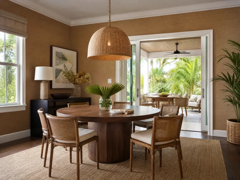 Honey-toned grasscloth wallpaper in an Orlando dining room