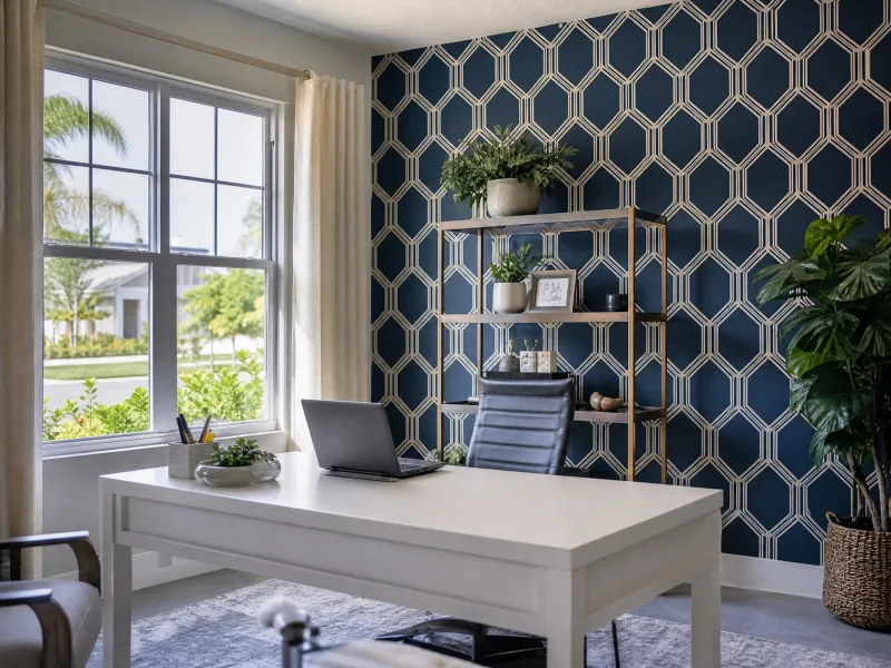 Navy and white geometric wallpaper in a Lake Nona home office