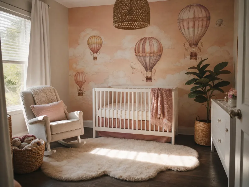 Hot air balloon and cloud mural in a nursery