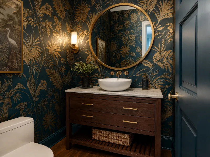 Teal and gold metallic wallpaper in a powder room