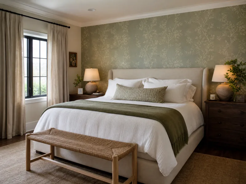 Sage green vine-patterned wallpaper in a Baldwin Park bedroom