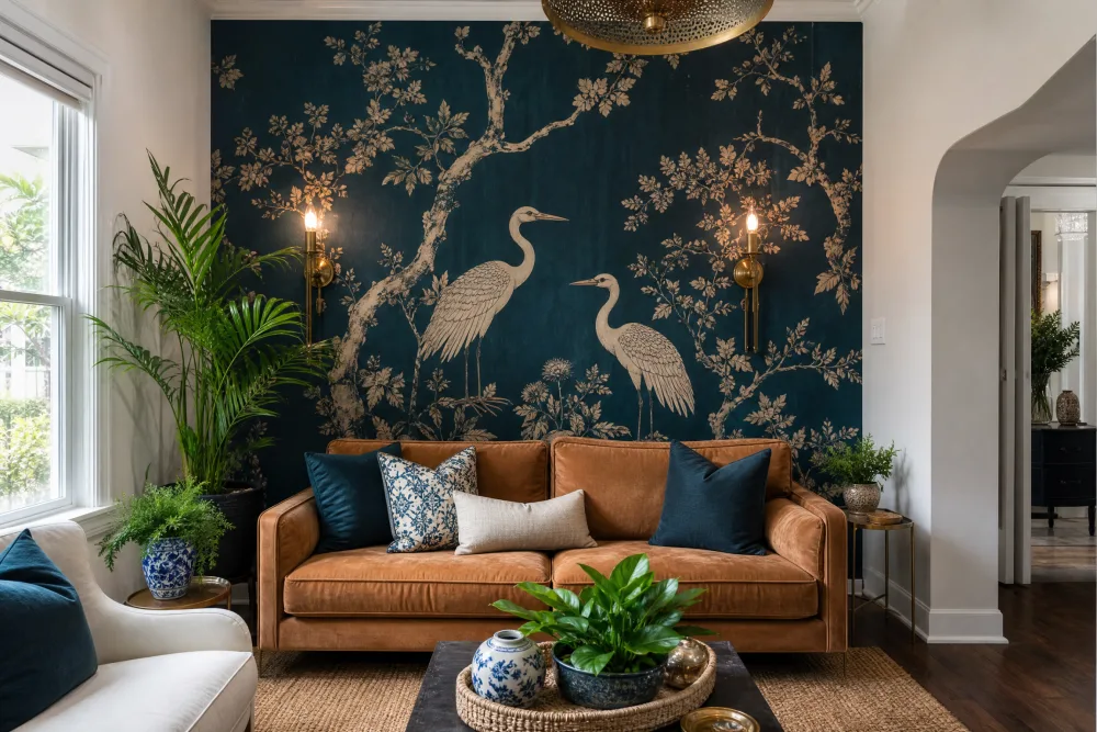 Dark teal chinoiserie accent wall behind a caramel leather sofa