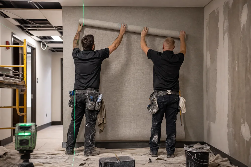 Two installers hanging a wide roll of commercial vinyl wallcovering in a corridor