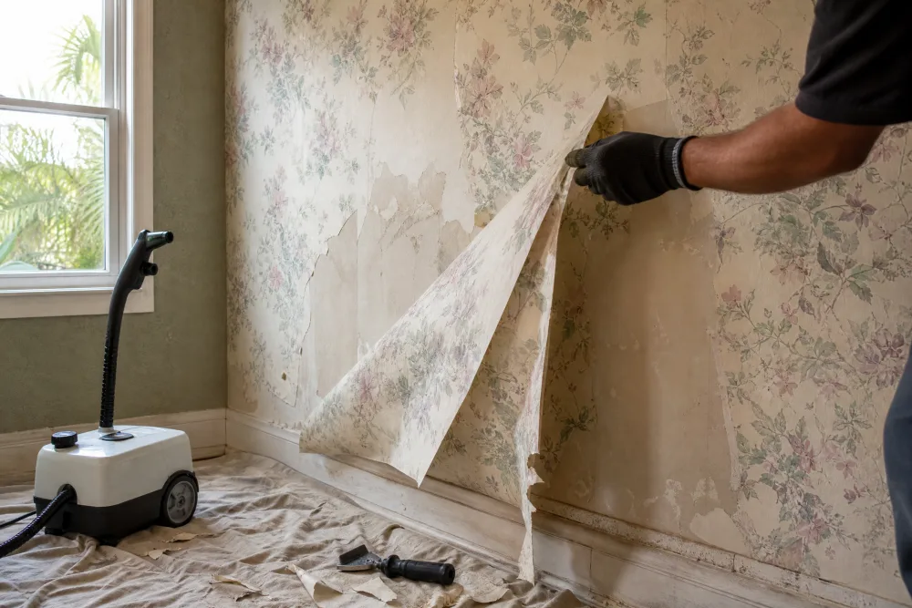 Gloved hand peeling old wallpaper from a wall with a steamer